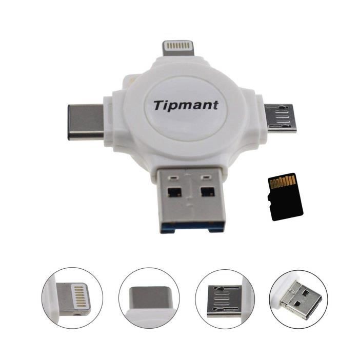 4 en 1 Clés USB Compatible pour iPhone Téléphone portable Android (Micro USB,  type C), PC (lecteur de carte + carte TF 32 Go, blanc) - Cdiscount  Informatique
