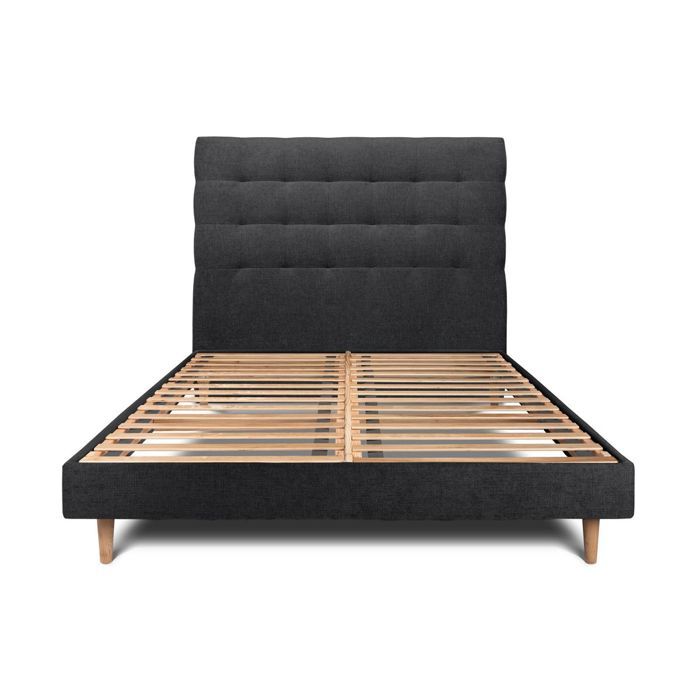 Lit 150 x 190 cm - SOMMEIL DE PLOMB - Tête capitonnée tissu H29cm - Sommier tapissier kit - Noir - Pin massif