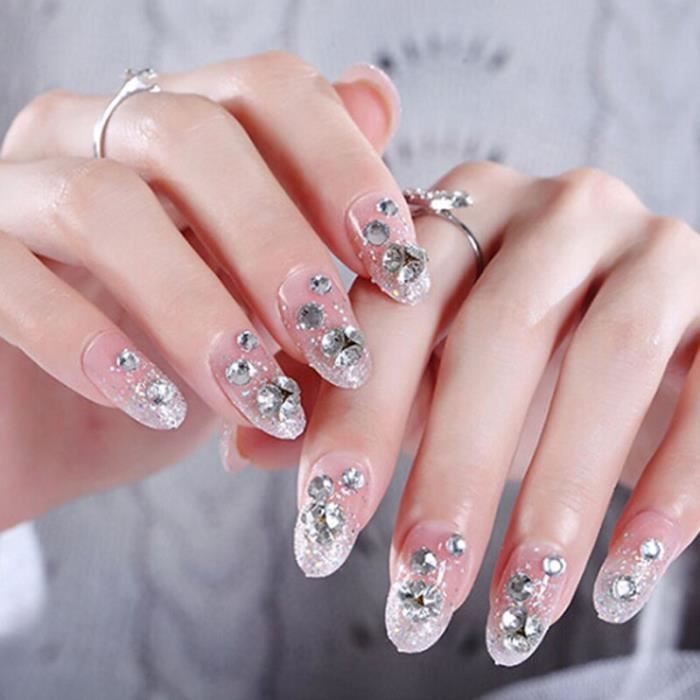 24 pièces Luxe brillant strass mariage faux ongles Transparent paillettes  gemmes couronne conçu carré complet faux ongles mariée - Cdiscount Au  quotidien