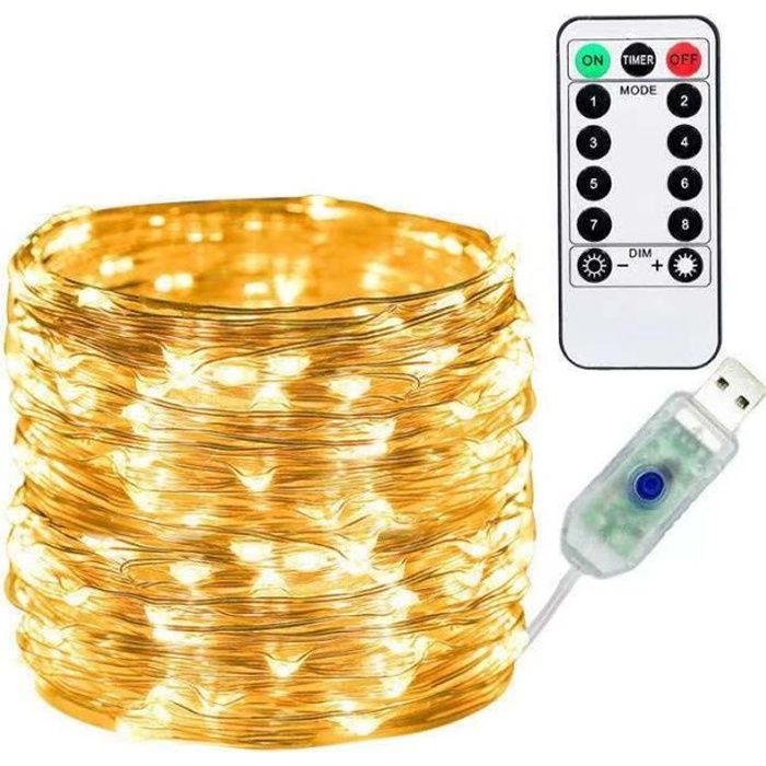 guirlande lumineuse 10m 100led usb-8 modes-télécommande-blanc chaud-mariage, fête, maison, décoration de noël