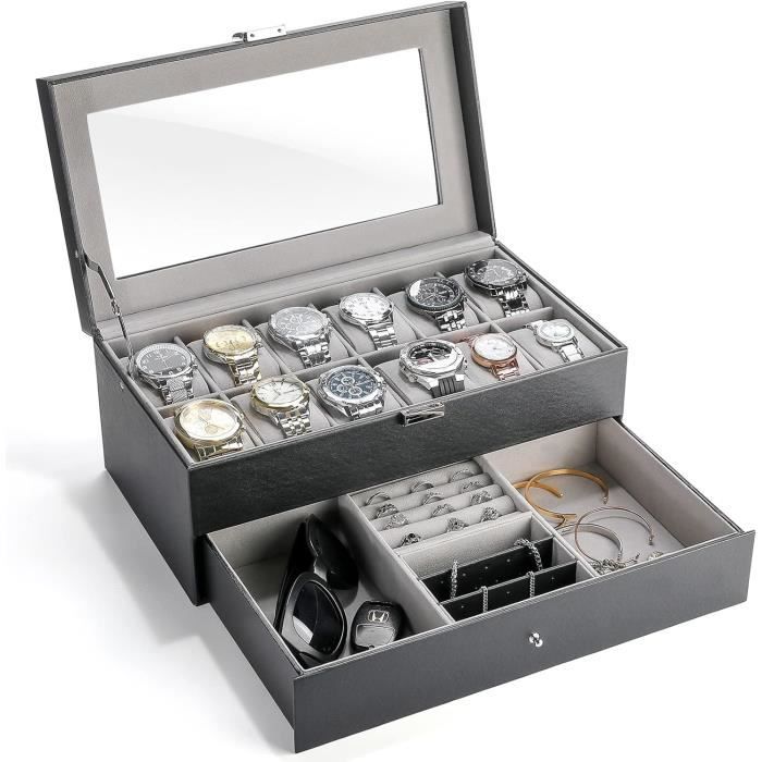 Boîte De Rangement Pour Montres Homme - 10 Emplacements + Tiroir à Bijoux - Couvercle En Verre Et Plateau Amovible - Idée Cadeau Élégante