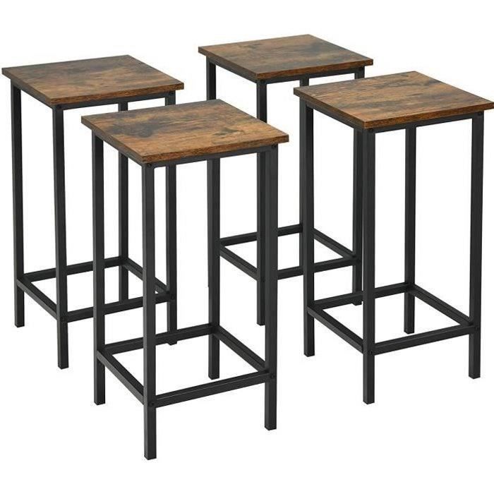 GOPLUS Lot de 4 Chaises de Bar Rustique Cadre en Fer Tabouret de Bar Carré avec Repose-Pieds pour Cuisine Café Bistrot Marron