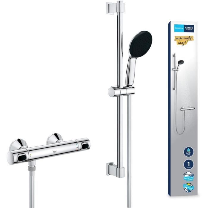 Ensemble de douche avec mitigeur thermostatique pommeau 1 jet barre 60cm et flexible - GROHE 34800001 - Economie deau - Chromé