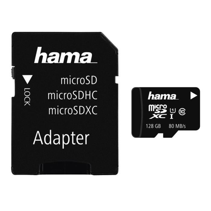 Carte mémoire microSDXC 128 Go classe 10 UHS-I 80 Mo/s + adaptateur/photo - HAMA