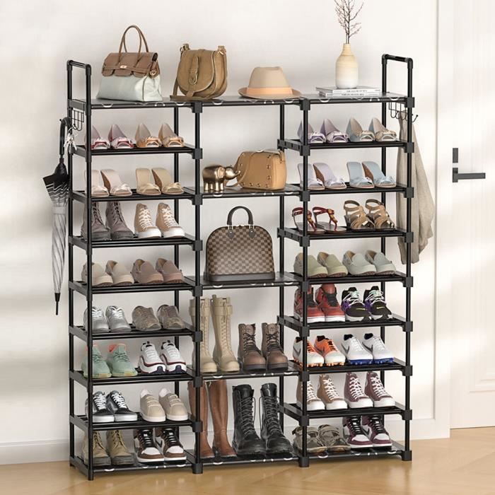 Meuble à chaussures HOMEWELL - 9 couches 3 colonnes - Barres croisées - Doubles crochets latéraux - Noir