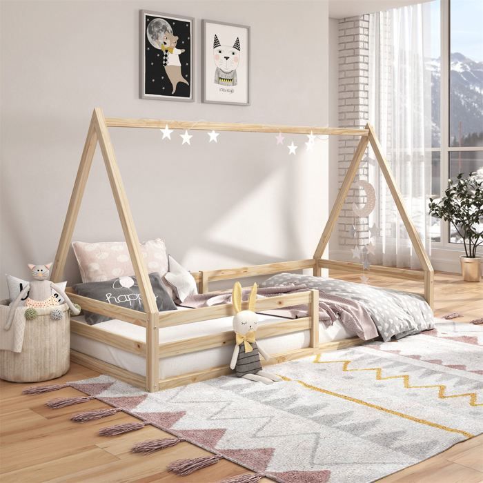 Lit cabane SILA 90x190 cm - IDIMEX - Lit simple enfant 1 place - Bois massif - Naturel