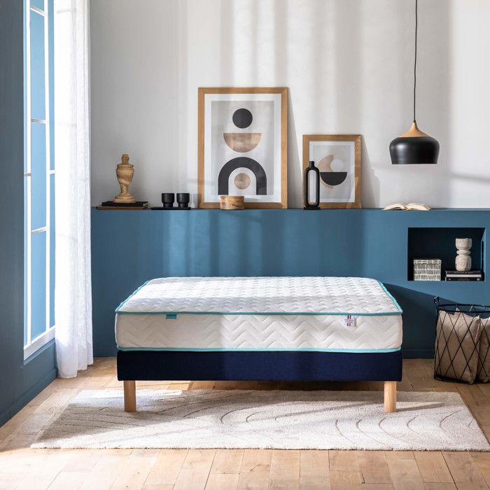 Ensemble sommier et matelas 90x190 cm ressorts ensachés ferme Merinos Enjoy Bleu