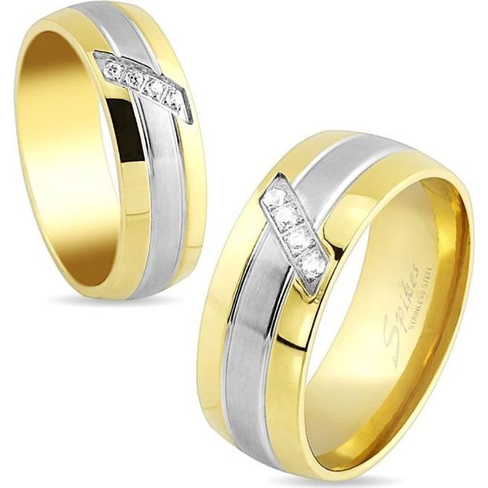 Bague anneau fiançailles couple femme homme acier et plaqué or zircon (50)