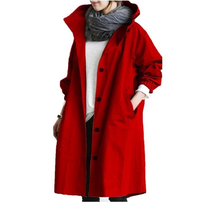 Trench Femme Hiver lâche à capuche sauvage élégant coupe-vent vêtements d'extérieur confortables Rouge