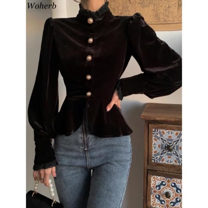 Chemisier Femme Dentelle GORGLITTER - Col Montant - Manches Lanternes - Tunique Élégante