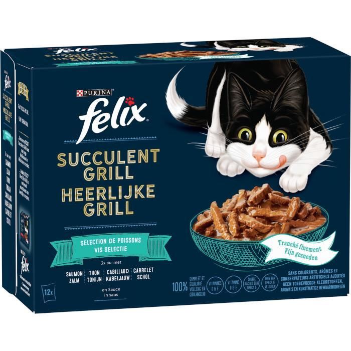 FELIX Succulent Grill au Saumon, au Thon, au Cabillaud, au Carrelet en Sauce - 12 x 80 g - Pochons pour chats adultes