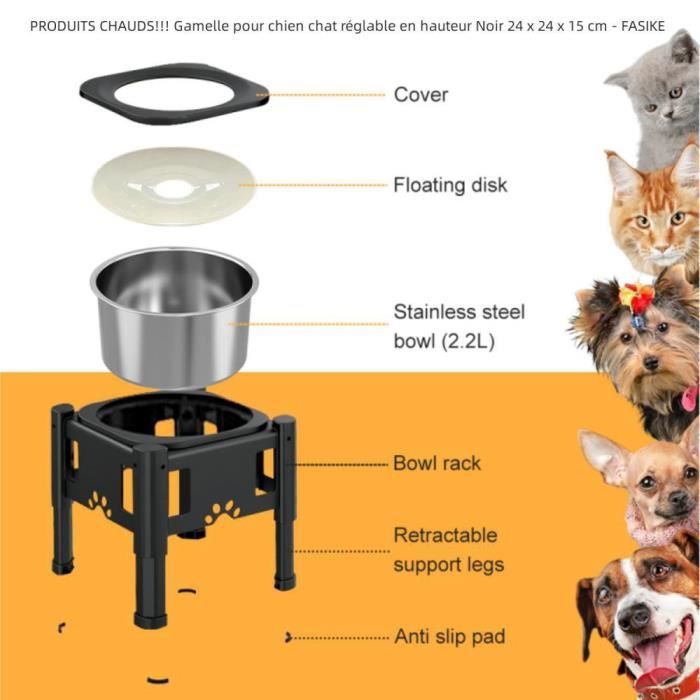 Meilleurs prix pour Gamelle pour chien chat en ABS + acier inoxydable réglable en hauteur - QUIIENCLEE - Rond - Intérieur - Noir