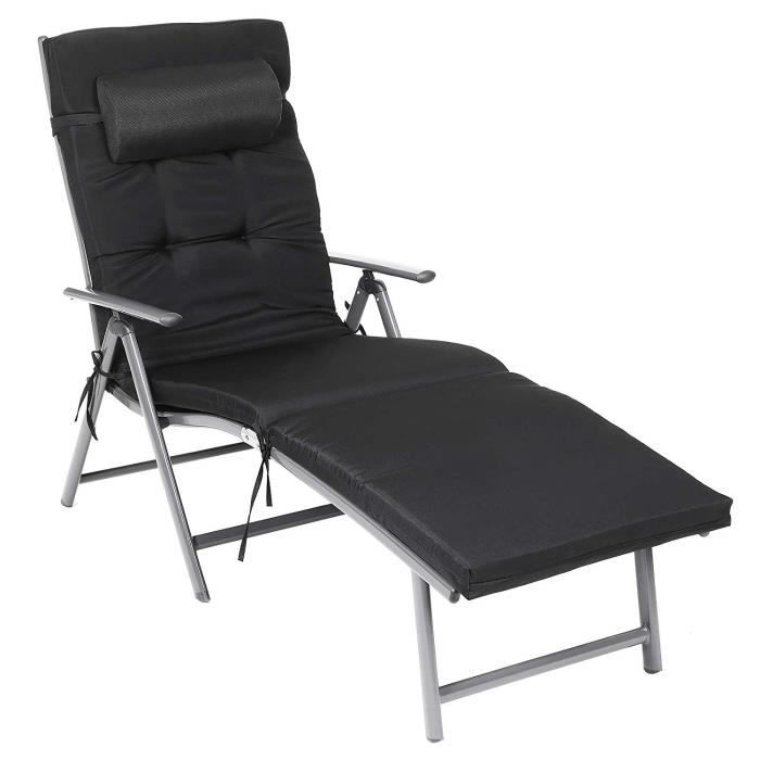 chaise longue songmics - matelas 6cm - alu anti-rouille - noir gcb24bk