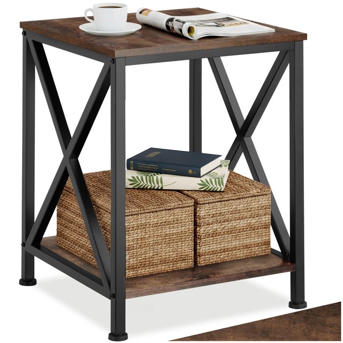 Table basse - TECTAKE - Table dappoint CARLTON au style industriel bois et acier avec 2 étages 405 x 405 x 525 cm - Bois foncé