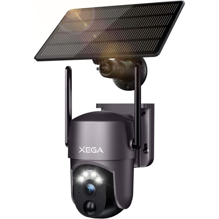 Caméra de sécurité solaire extérieure sans fil 2K PTZ Wi-Fi Xega - Vision nocturne couleur - Détection humaine