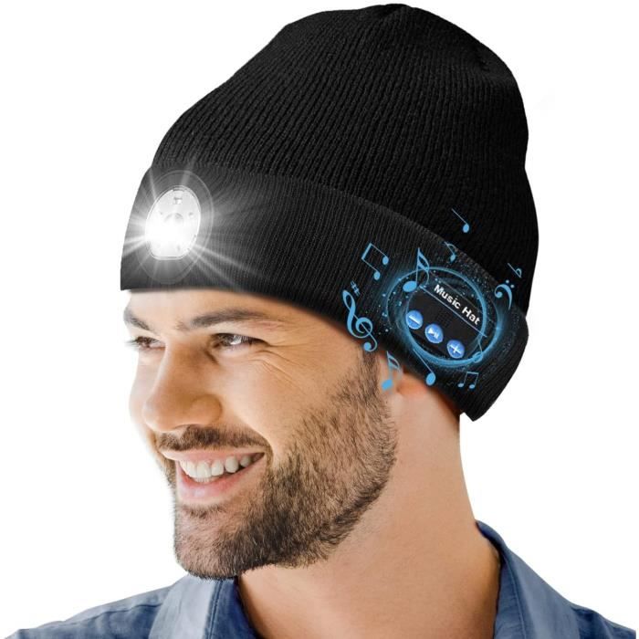 Bonnet LED Avec écouteurs Sans Fil - Lumière Frontale Réglable Rechargeable USB-C - Unisexe Pour Activités Nocturnes - Cadeau Homme/femme