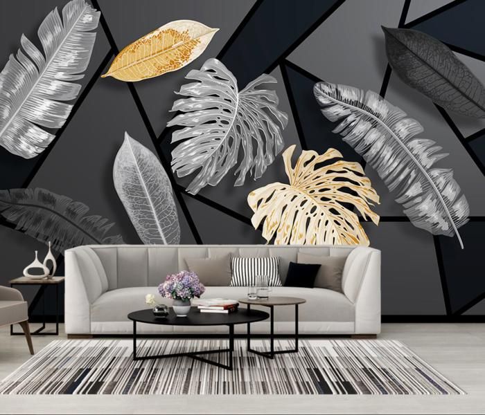 Papier Peint Panoramique 3D plantes tropicales feuille d'or fond d ...