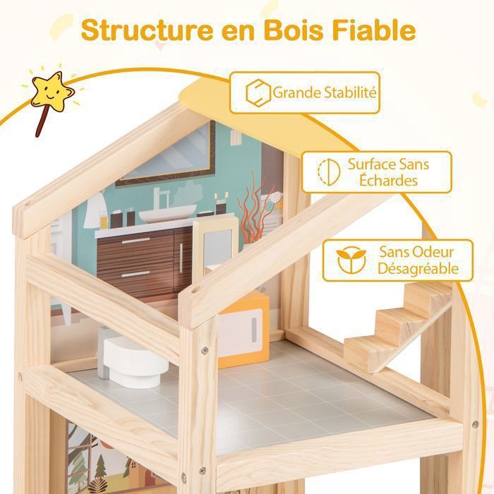 Maison De Poupées 3 étages En Bois + Mobilier Et Kit Déco - Comme Neuve