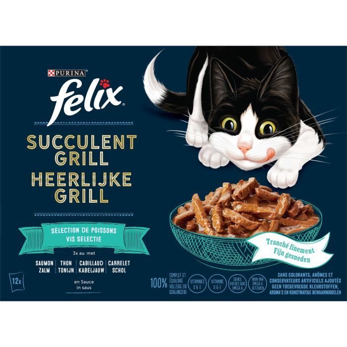 FELIX Succulent Grill au Saumon, au Thon, au Cabillaud, au Carrelet en  Sauce - 12 x 80 g - Pochons pour chats adultes - Cdiscount