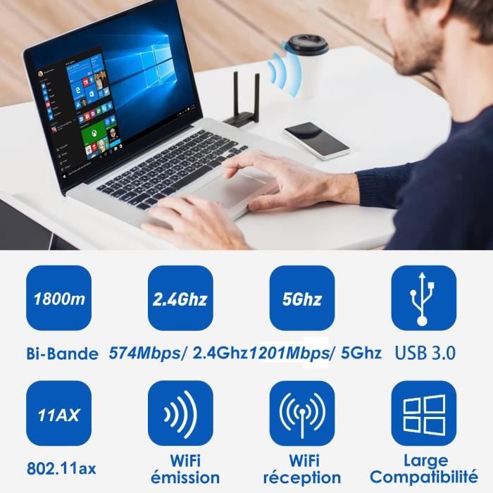 Acheter Adaptateur WiFi double bande 1300Mbps USB 3.0, carte réseau sans  fil, pilote gratuit, Mini Dongle WiFi 2.4G/5GHz, émetteur récepteur pour  PC/ordinateur portable/ordinateur de bureau