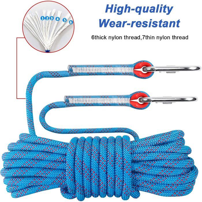 Corde D'escalade VGEBY 10m – Polyester, 12mm, Résistance 2100kg, Avec Mousqueton Et Boucle Cousue – Bleue