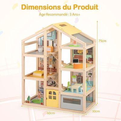 Maison Poupée Bois Pin Avec Garage Et Balcon Maison Poupée Bois COSTWAY 6 Pièces - 36 Meubles Inclus - Design Angle 87cm - Toit Vert - 3 Ans Maison Poupée Angle 36 Meubles