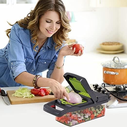 Coupe Legumes Multifonctions Trancheur pour Hachoir, 22 en 1 avec Récipient de Cuisine 12 Lames en Acier Inoxydable Mandoline