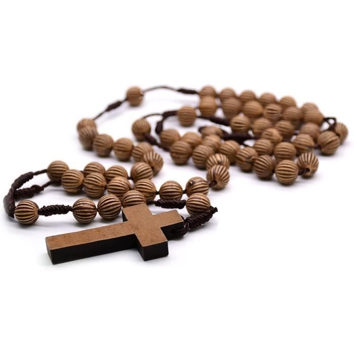 Chapelet Catholique En Bois Naturel - Avec Croix Et Médailles Jésus Et Saint Benoît | Pour Prière, Communion, Baptême, Messe - 11