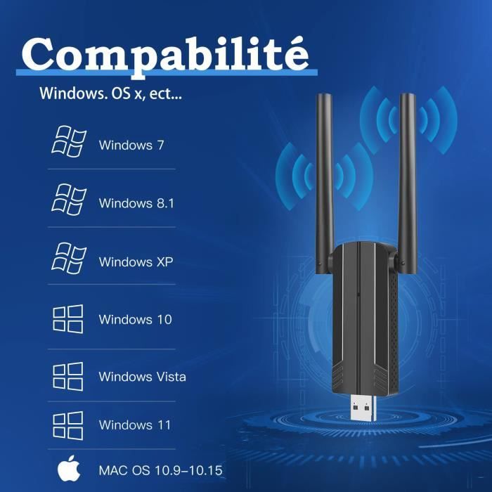 Adaptateur WiFi 6 USB 1800 3.0 Mbps 802.11AX, Récepteur Sans Fil