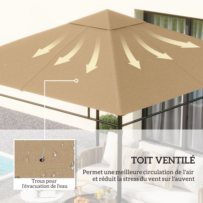 Toit De Remplacement Pour Tonnelle 3x3 M - Tissu Oxford 600D PVC, Noir, Résistant UV Et Imperméable