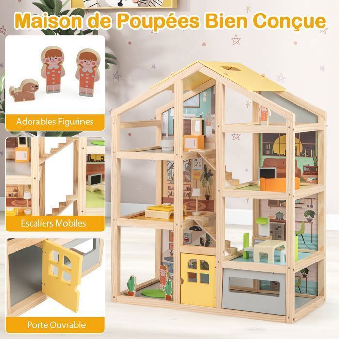 Maison De Poupée En Bois - Set 37 Pièces Cuisine & Salle De Bain, Meubles Miniatures Avec Accessoires, Pour Enfants