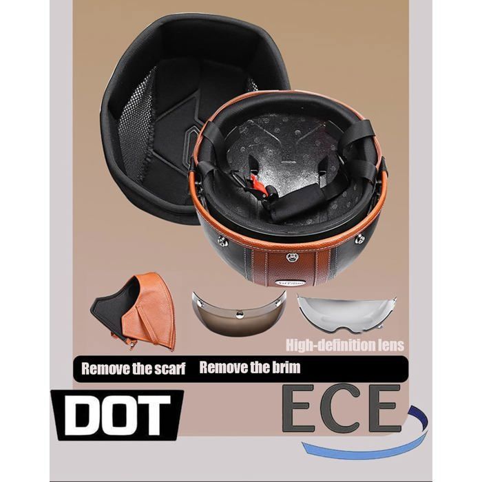 Casque Moto Vintage Cuir Retro Open Face Demi-Casque Avec Lunettes UV ECE Certifié + Sac