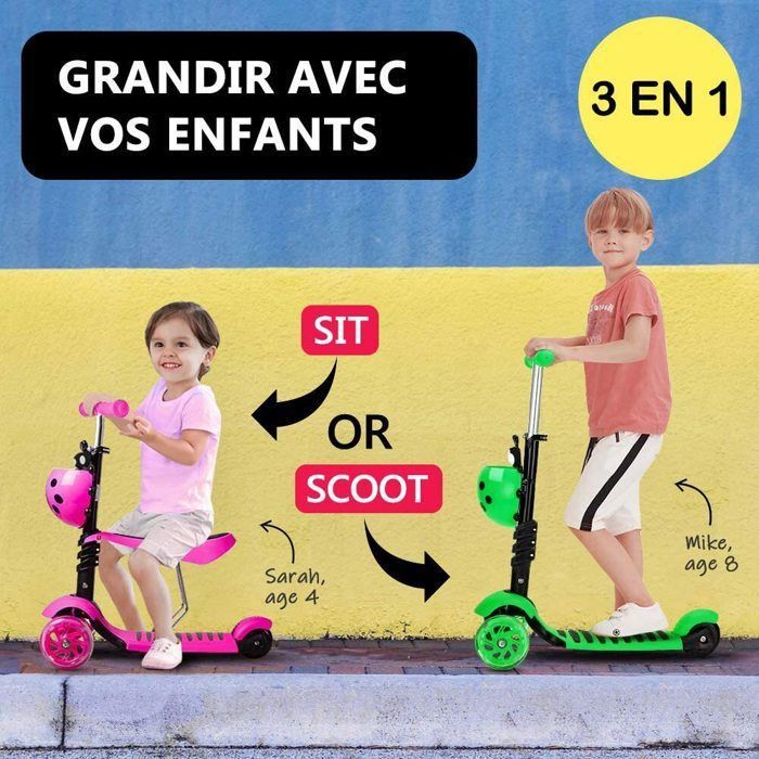 Trottinette Enfant Avec Siège Amovible – Hauteur Réglable 2-8 Ans – Pliable, Roues Flash, Poids Max 80 Kg
