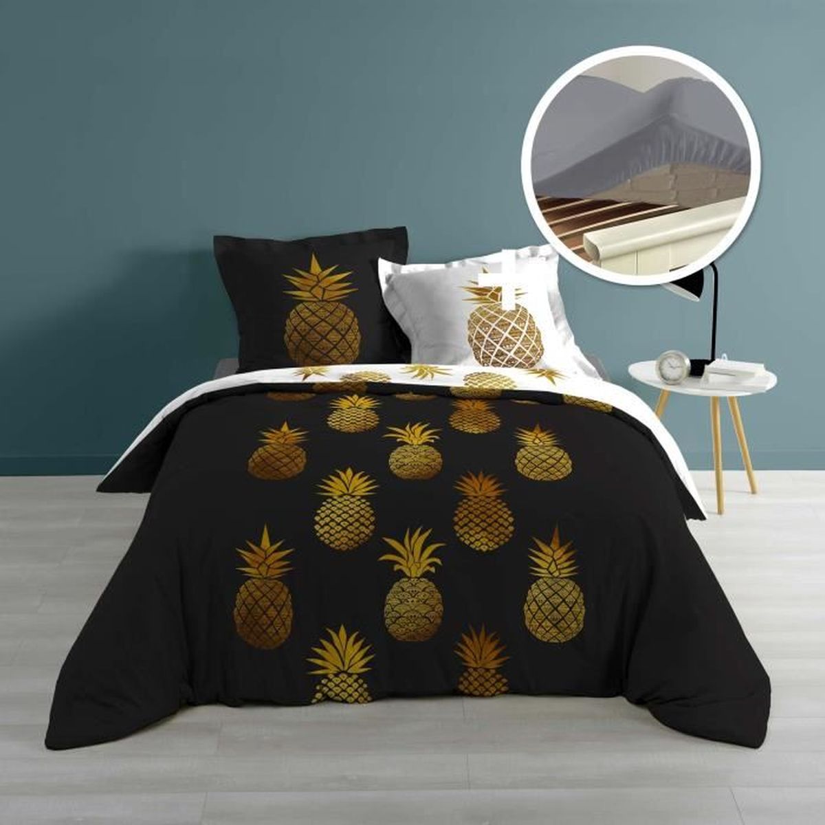Parure de lit - Housse de couette 100% Coton 57 fils Ananas Jaune pas cher