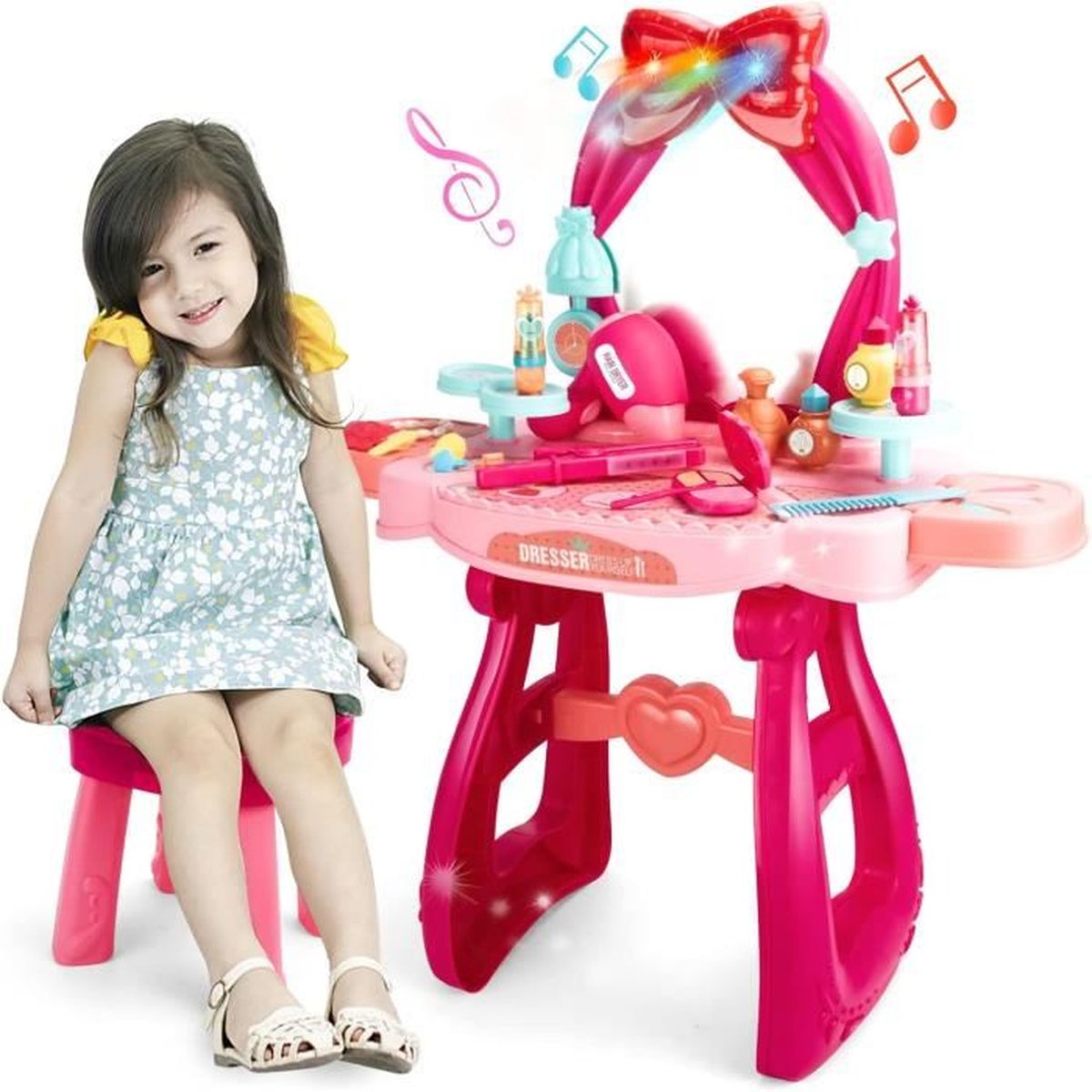 Coiffeuse Enfant AIYAPLAY Avec Tabouret Et 7 Accessoires - Meuble-lavabo Rose Pour Fille