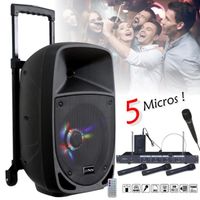 Pack Karaoke Enceinte Party-8LED 300W Lumineuse Mobile autonome Bluetooth USB Tuner- Chariot - 5 Micros dont 4 Micros sans fil