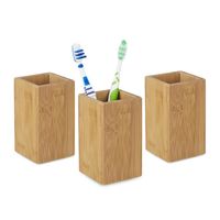 3 x Zahnputzbecher Bambus, Zahnbürstenhalter eckig, Bambusbecher für Zahnbürste und Zahnpasta, HBT 11,5 x 6,5 x 6,5 cm, natur