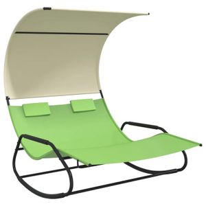 CHAISE LONGUE Transat chaise longue bain de soleil lit de jardin terrasse meuble d exterieur double a bascule avec auvent vert et crem
