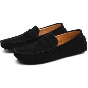 MOCASSIN Chaussure Mocassins Homme - Suede Classic Oxford - Cuir Noir - Lacets Ronds - Talon Plat