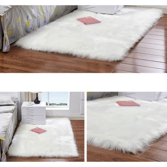 Tapis Imitation Peau De Mouton Rond 60x60 Cm - Fourrure Longue Blanche Douce - 100% Polyester - Pour Canapé, Chaise, Sol