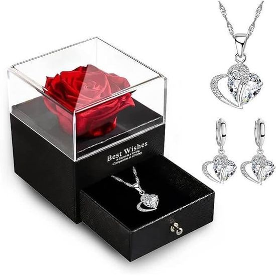 Coffret Cadeau Rose Rouge éternelle Avec Collier - Rose Réelle Préservée + Collier Coeur Argent 925 - Cadeau Romantique