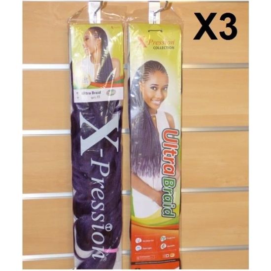 XPRESSION Lot 3 MÈCHE À TRESSER Ultra Braid couleur Violet 200 cm x 3