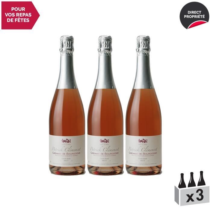 Crémant de Bourgogne Rosé - Patrick Clémencet - Vin effervescent AOC Rosé de Bourgogne - Lot de 3x75cl - Cépage Pinot Noir
