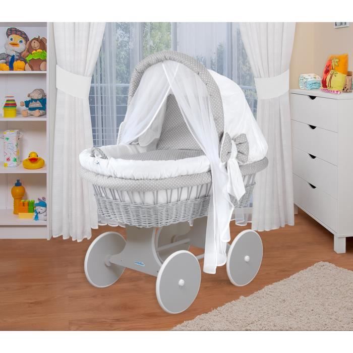 WALDIN Landau-berceau bébé complet - Cadre - roues peintes en gris, blanc - points blancs