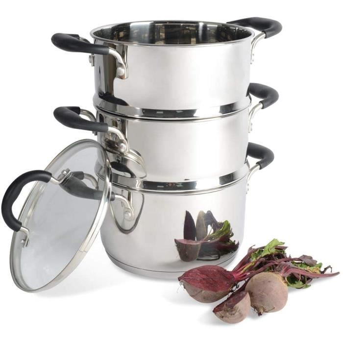 ProCook Gourmet Steel - Set Cuiseur Vapeur Inox Induction - 20cm / 3 Niveaux - Marmite & 2 Paniers Vapeur Inox - Couvercle Verre Tre