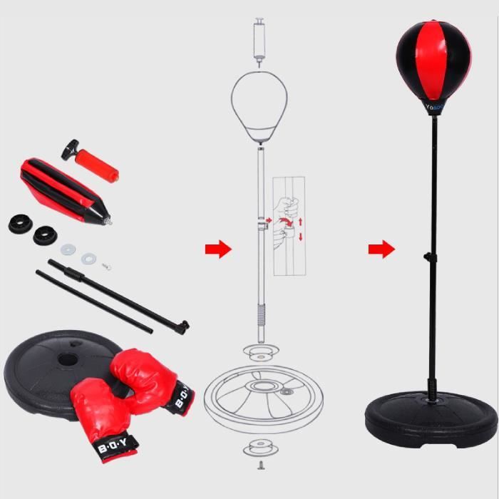 PUNCHING BALL poire de boxe sur pied en hauteur 70-105cm Balle de Boxe pour enfant + Gants de Boxe+Pompe à air+Base #57