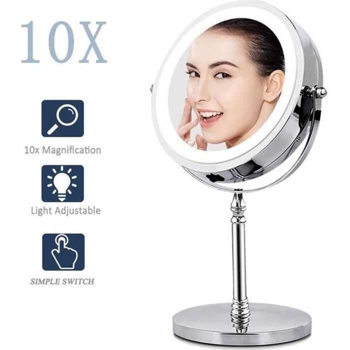 Miroir lumineux -10x miroir grossissant avec des lumières LED pour maquillage rasoir illuminé