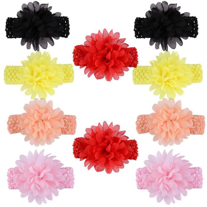 10pcs couleurs assorties Bébés filles Bandeaux en mousseline de soie Fleur dentelle bande Accessoires cheveux pour nourrissons New