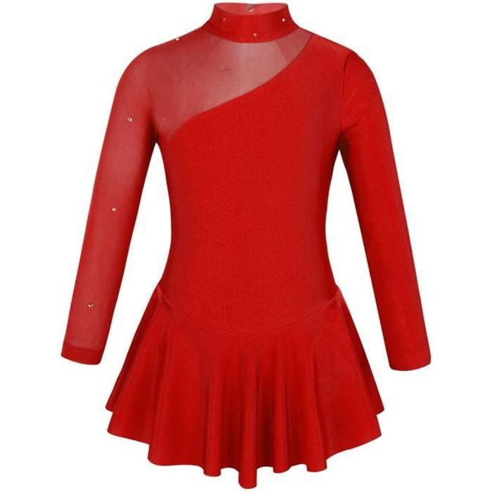 inlzdz Enfant Fille Justaucorps Gymnastique Strass Manches Longues Leotard Ballet Dancewear 4-14 Ans Rouge