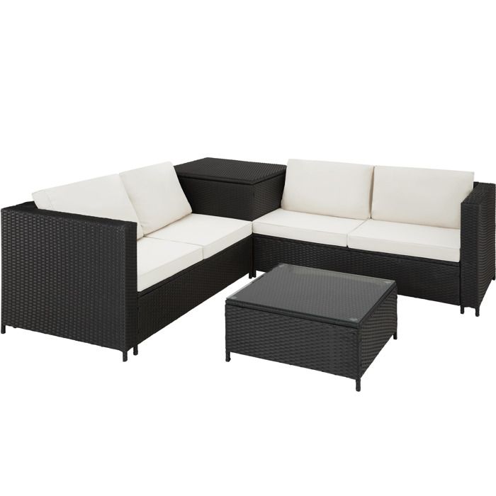 TECTAKE Salon de jardin SIENNE 4 Places avec 2 Canapés modulables + 1 Table basse en Résine tressée + Coffre Noir